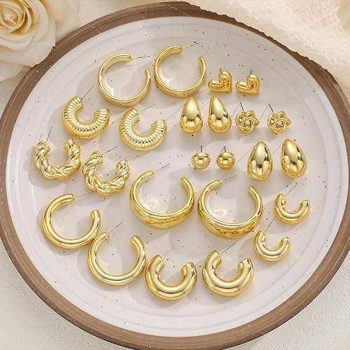 12 Pairs Chunky Silver Hoop Earrings for Women Trendy, Silver Plated Lightweight Thick Open Twisted Stack, Non Tarnish Huggie Hoops Earring Set thumbnail 5