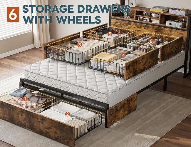 EnHomee Full Size Bed Frame with 6 Storage Drawers Full Bed Frame with Headboard, with Charging Station, No Noise, No Box Springs Needed, Vintage Brown. - Rustic Brown - Full thumbnail 3