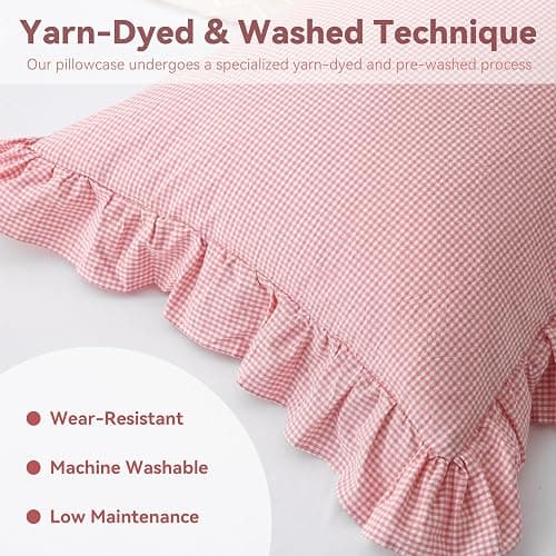 Jilboo Vintage Pink/White Gingham Body Pillow Cover 20x54 - Ruffled Farmhouse Bedding Accent | 100% Washed Cotton Checkered Pillow Sham for Bed, Sofa, Couch (Blush Plaid, 1pc) thumbnail 4