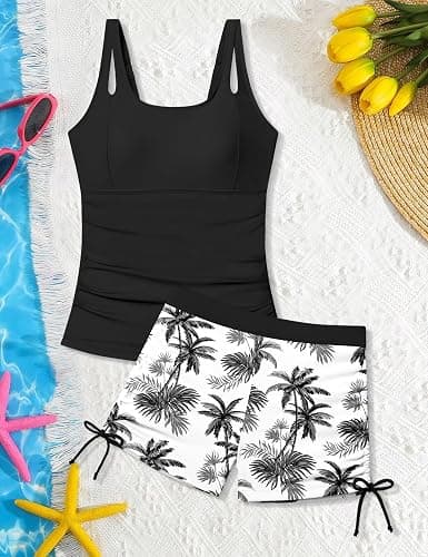 Aulyffo Girls Tankini Swimsuit 2 Piece Bathing Suits for Girls Square Collar Swim Tank Top and Drawstring Bottoms for 9-16Y thumbnail 6