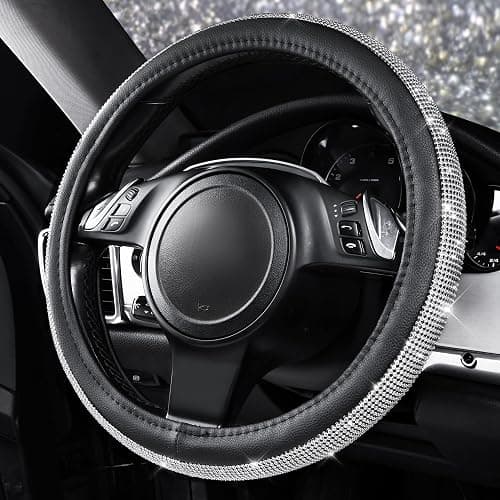 CAR PASS Bling Diamond Leather Steering Wheel Cover, with Bling Sparkly Crystal Glitter Rhinestones Universal Fit 14.5in-15in Car Wheel Protector for Women Girl Fit Suvs,Vans,Sedans,Car,Trucks, Silver thumbnail 4