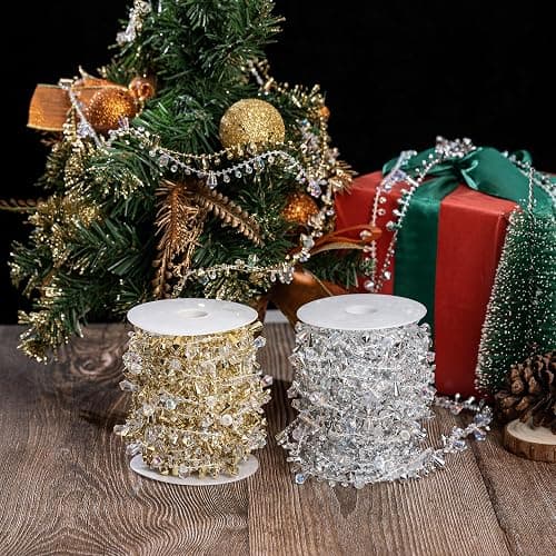 YoungJewl 33 Feet Crystal Garland Christmas Clear Iridescent Crystal Bead Rolls and Silver Bead Garland Twist Bead String for Christmas Tree Wedding Party Decoration thumbnail 6