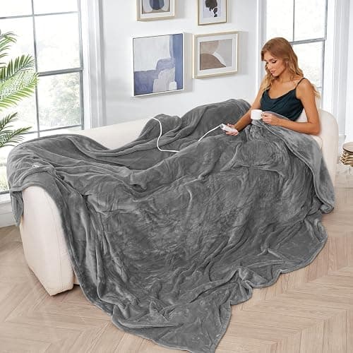 LaffyLo Electric Heated Blanket 84" x 90" Queen Size with Dual Control Warm Flannel Heated Blanket with 4 Heating Levels & 10 Hours Auto-Off, Fast Heating, Machine Washable, for Bedding -Light Gray thumbnail 2