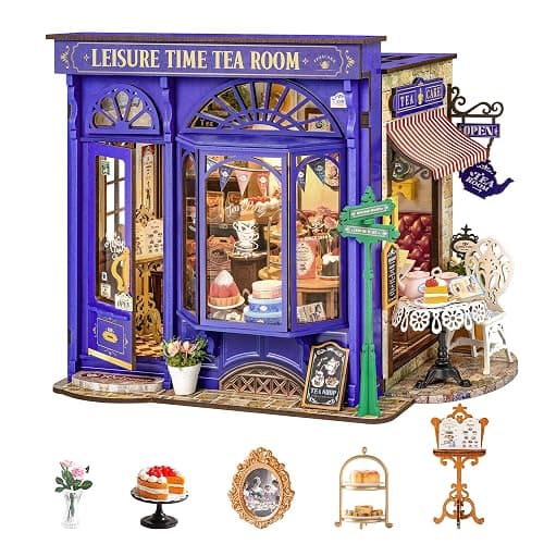 Rolife DIY Miniature House Kit Leisure Tea Time, 3D Book Nook Openable Bookshelf Decor for Adults, Mini Model House Kits, DIY Crafts Kit Halloween for Adults (Leisure Tea Time) - Image 1