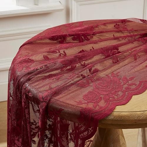 Burgundy Lace Curtains 84 Inches Long Vintage Floral Curtains 2 Panels for Bedroom Living Room Rod Pocket Light Filtering Maroon French Romantic Window Curtains Modern Wine Decor Neutral, 52x84 - 52"W x 84"L (Pack of 2) - Burgundy thumbnail 7