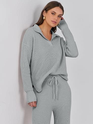 ANRABESS Women Two Piece Outfits Sweater Sets Lounge Waffle Knit Pullover Matching Wide Leg Pants Tracksuit 2025 Fall Fashion thumbnail 3