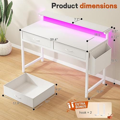 DurayLoly Computer Desk with 2 Drawers & LED Lights,39.4 Inch Home Office Desks with Side Pocket and Monitor Stand,Study Writing Table for Small Spaces,White thumbnail 2