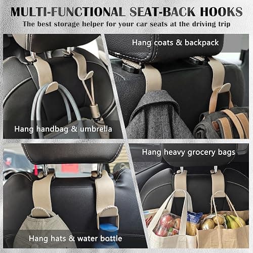 Car Seat Headrest Hook 55lb Heavy Duty Metal Hanger with Leather for Bags | Universal Fit car SUV Truck, Premium Microfiber Leather, Metal Core, Hang Purses Groceries Handbag Backpack, 2 Pack Beige thumbnail 2