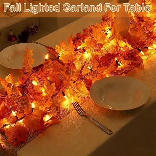 Fall Garland with Lights Battery Operated with Timer,9.8FT 50 Orange Bulbs Lighted Fall Leaves Garland,Fall Decorations for Home Thanksgiving,Halloween,Fireplace,Porch,Table Decor Indoor Outdoor thumbnail 8