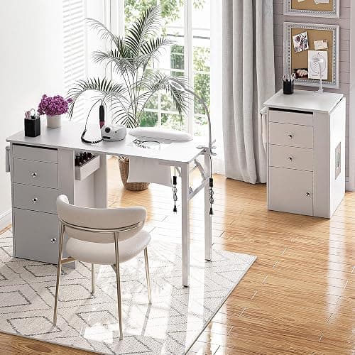 Foldable Nail Table with Dust Collector, Manicure Desk for Nail Tech, with LED Lamp, Wrist Rest, Rolling Nail Table for Salon, Home Beauty Workstation, Compact Nail Station with Storage (White) thumbnail 9