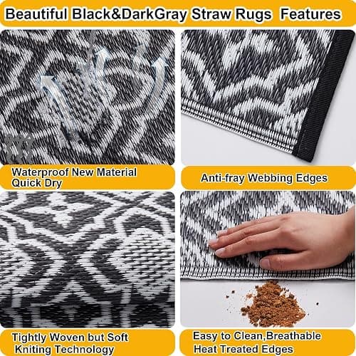 4x6 Outdoor Rug Waterproof Porch Rug,Outdoor Mat 4x6 Small Balcony Mat,Reversible Plastic Straw Rug, Outdoor Rug for Camping Black and White Outdoor Rugs for Patio, Deck, RV, Camping, Beach, Backyard thumbnail 3