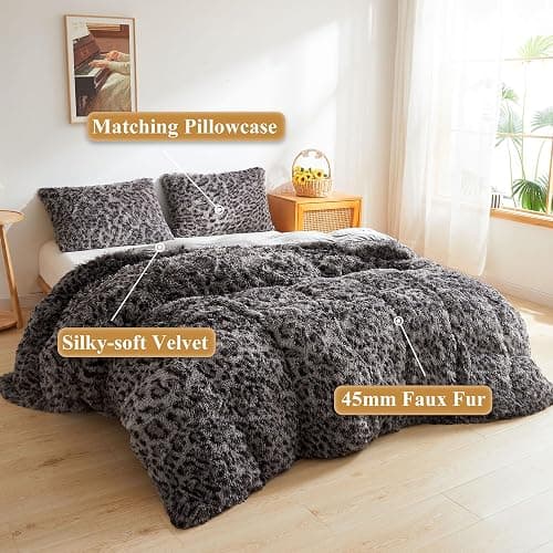 XeGe Cheetah Print Fluffy Faux Fur Duvet Cover Set, 3 Pieces Soft Plush Shaggy Fuzzy Bedding Set(1 Faux Fur Leopard Print Comforter Cover + 2 Furry Pillowcases), Zipper Closure(Queen, Light Grey) thumbnail 2