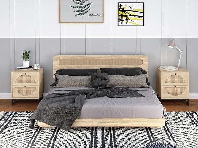 AWQM Rattan Nightstand Set of 2,Farmhouse End Table Set of 2,Wood Sofa Side Table,Accent Table with Storage, Bedside Table Accent Storage Cabinet for Bedroom Living Room,Metal Legs,Beige (W68837255) thumbnail 6
