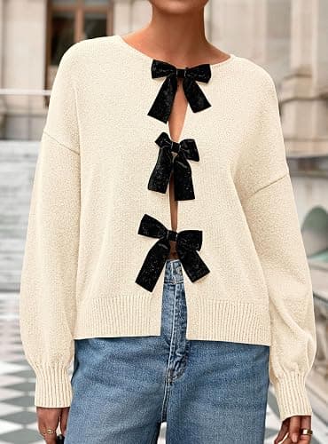 PRETTYGARDEN Cardigan Sweaters for Women Fall Fashion 2025 Bow Tie Front Long Sleeve Knit Sweater Tops Cute Winter Clothes thumbnail 7