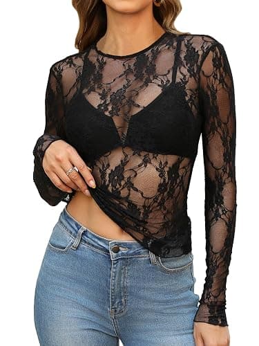 OFEEFAN Womens Mesh Tops Lace Long Sleeve Shirts Crewneck Slim Fitted Outfits See Through Blouses - Image 1