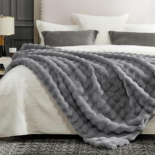 Cozy Bliss Faux Fur Throw Blanket for Couch, Fuzzy Soft Plush Thick Bubble Blanket for Sofa Bedroom Living Room,50 * 60 Inches Light Grey thumbnail 7