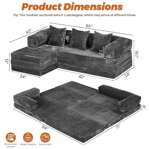 6-in-1 Boneless Couches L-Shaped Modular Sectional Sofa | Cloud Couch Sectional & Tri-Folding Mattress | Corduroy Pet-Friendly Convertible Sofa Bed with 800LB Capacity Apartment, Guest Room thumbnail 2