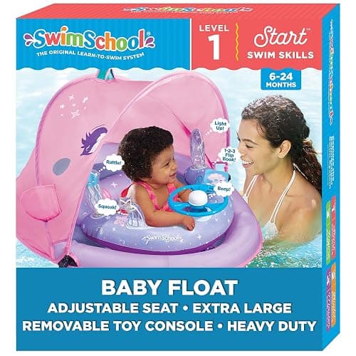 SwimSchool Infant Baby Pool Floats, Free Swimming, Super Buoyant – Ages 6-24 Months – Multiple Colors/Styles – Adjustable Canopies and Seats, Splash & Play Baby Floaties - Pink Baby Float w/5 Toy Console - Image 1