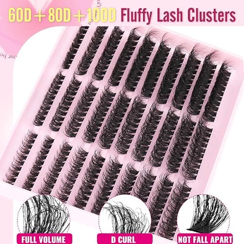 Fluffy Lash Extension Kit 60D+80D+100D Lash Clusters Thick Eyelash Extension Kit 10-18mm Individual Lashes Kit 300PCS Eyelashes Extension with Bond and Seal and Lash Extension Tweezers by TNFVLONEINS thumbnail 4