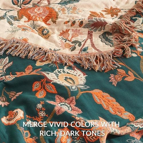 Bailix Boho Throw Blanket for Couch Sofa Bed, 100% Cotton Woven Quilt with Tassel 80”x90”, Super Soft Muslin Blanket with Floral Printed, Decorative Reversible Bed Blanket/Cover for All Seasons thumbnail 5