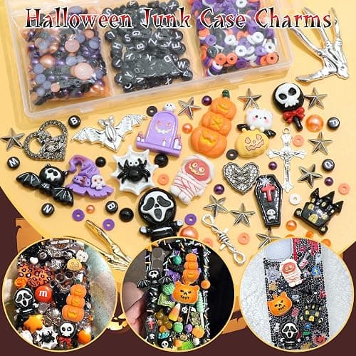 BELICEY Halloween Junk Case Charms Resin Pumpkin Skeleton Hand Charm for Phone Cases Bat Cross Spider Junk Charms Kit 3D Ghost Flatback Pearls Letter Beads Customizing DIY Craft thumbnail 3