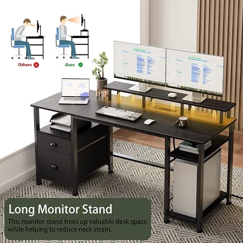 Furologee 61" Gaming Desk with Power Outlets & LED Lights, Reversible Computer Desk with File Cabinet & Monitor Stand for Home Office, Large Work Table with Storage Shelves & Drawer, Black thumbnail 7