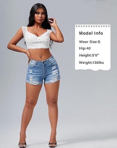 roswear Women's Summer Mid Rise Ripped Denim Shorts Stretchy Butt Lifting Jean Shorts thumbnail 4