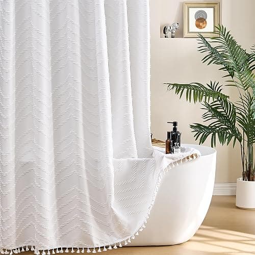 Siiluminisoy White Shower Curtain Fabric Boho Shower Curtain Cloth Textured Tufted Chevron Elegant Shower Curtains Waterproof for Bathroom 72" x 72" - Image 1