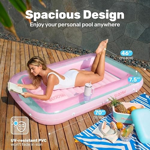 SLOOSH Inflatable Tanning Pool Lounger Float, 70" x 46" Pool Floats Adult with Pillow, 4 in 1 Suntan Tub Raft Floatie,Sunbathing Bed Lounge for Water Blow Up Ball Pit Party Gifts, L-Cyan Pink thumbnail 2