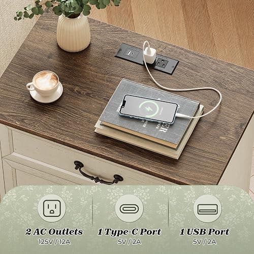 Huuger Nightstand with Charging Station, 3 Drawer Night Stand, 22 Inch Wider Side Table with Storage, Farmhouse Nightstand with Vintage Handles, Thicken Base, for Bedroom, Distressed White thumbnail 4