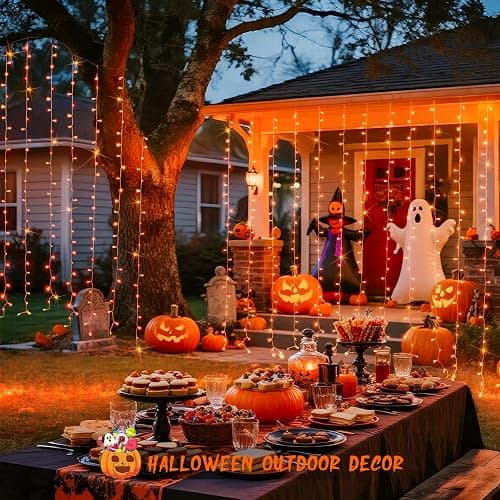 JMEXSUSS 300LED Orange Halloween Lights with Remote, 9.8x9.8ft Halloween Curtain Light, 8 Modes Orange Hanging String Lights Plug in for Fall Bedroom Thanksgiving Window Party Indoor Outdoor Decor thumbnail 7