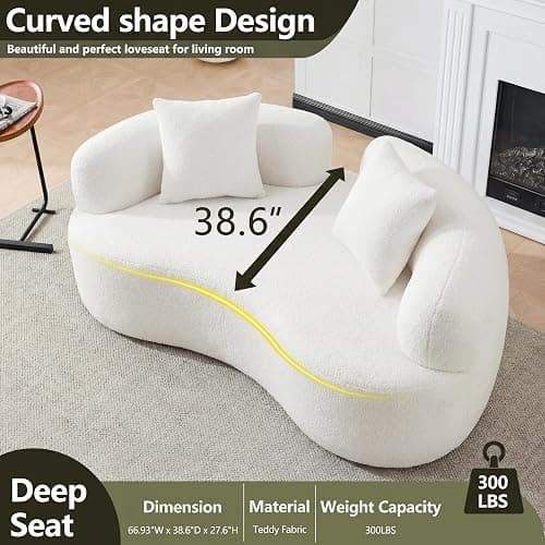 67”Curved Loveseat Sofa for Living Room, Deep Seat Love Seat Couch with 2 Throw Pillows, Modern Loveseat Adopt Teddy Fabric, Suitable Small Spaces The Cloud Loveseat, No Assembly Needed, White thumbnail 3