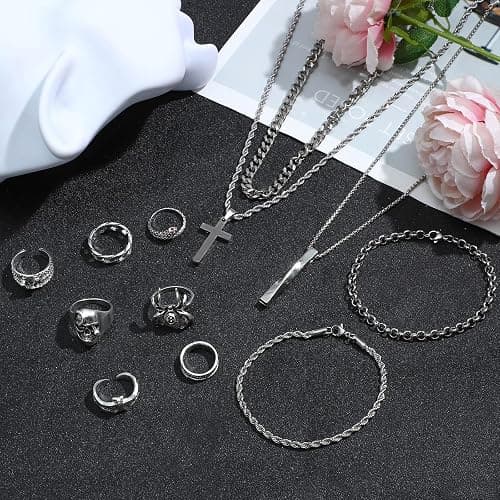 NEWITIN 15 Pieces Silver Jewelry Set for Men Stainless Steel Cuban Link Necklace Bracelet Cross Pendant Necklace Vintage Ring Cuban Jewelry Set for Men Women thumbnail 3