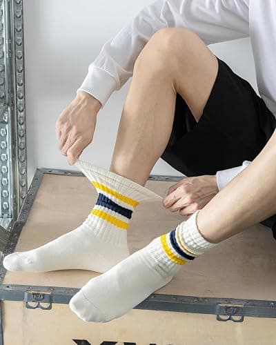DarkCom Striped Crew Socks 5 Pairs Seamless Toe for Men and Women, Color of Light Cream, Casual Comfort thumbnail 5