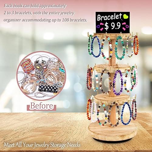 FoToxi 3 Tier Bracelet Holder,Wooden Rotating Bracelet Display Stand with 36 Hooks and Tray,360°Rotating Jewelry Holder Organzier for Bracelet, KeyChain, Necklace, Jewelr thumbnail 7