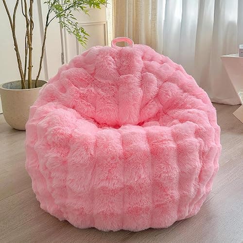 LIFEREVO Kids Fluffy Faux Rabbit Fur Bean Bag Chair Cover (No Filler), Soft Luxury Fuzzy Stuffed Animal Storage Bubble Bean Bag for Plush Toys, Cute Shaggy Furry Beanbag Cover Kids Girls Adults, Pink - Image 1