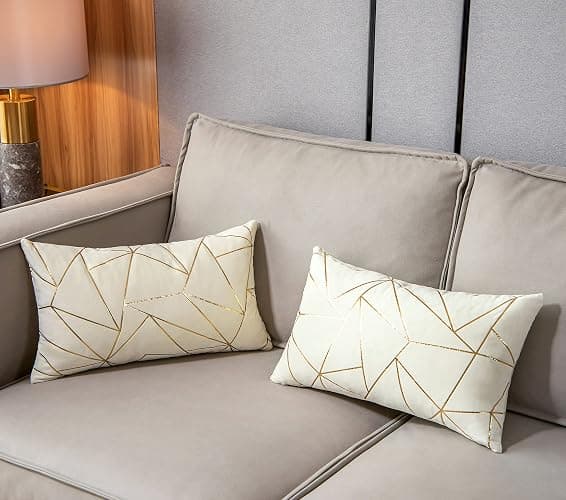 YONGLIU Pack of 2 Velvet Lumbar Throw Pillow Covers Velvet Decorative Soft Gold Foil Geometric Pattern Cute Cushion Case for Modern Homes Sofa Couch Bedroom Living Room Car (White and Gold, 12“X20”) thumbnail 3