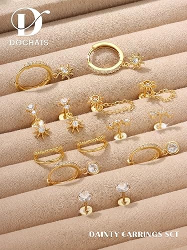 Dochais Flat Back Cartilage Earrings for Women Trendy Dainty CZ Flatback Studs Earing Sets 14k Gold Plated Hypoallergenic Huggie Hoops Earring Stacks for Multiple Piercing thumbnail 7