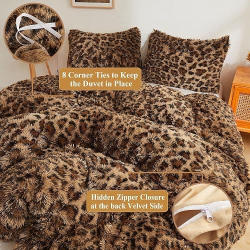 XeGe Cheetah Print Fluffy Faux Fur Duvet Cover Set, 3 Pieces Soft Plush Shaggy Fuzzy Bedding Set(1 Faux Fur Leopard Print Comforter Cover + 2 Furry Pillowcases), Zipper Closure(Queen, Brown) - Queen - Cheetah Print Brown thumbnail 7