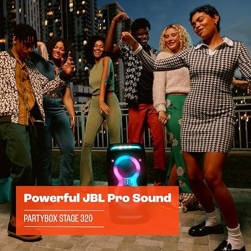 JBL Partybox Stage 320, Enceinte portable de soirée, roulettes et poignée télescopique intégrés, son JBL Pro, jeu de lumières, 18 heures d'autonomie, résistante aux éclaboussures IPX4, en noir thumbnail 4