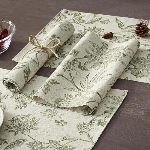 JINCHAN Linen Floral Fall Placemats Set of 4 Cloth Table Mats Rustic Cottagecore Jacobean Outdoor Seasonal for Kitchen Dining Table Decor Washable Tablemats 13x19 Inch Green thumbnail 4