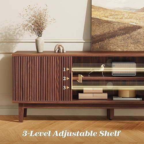 PRAISUN 54 Inch Fluted TV Stand for TVs Up to 55, 60 Inch, Mid Century Modern Entertainment Center with Storage, TV Console with Adjustable Shelves, Midea Console for Living Room Bedroom, Brown thumbnail 5