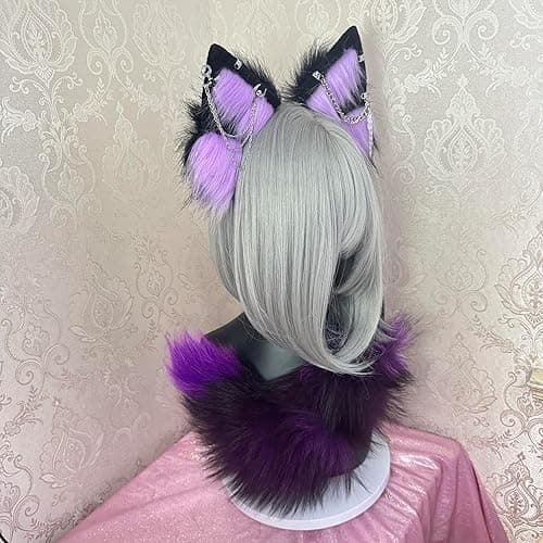 Cat Fox Wolf Ears and Tail Set - Plush Cosplay Clips Headband and Tail for Halloween, Costume Accessories,Gothic Punk 02ALL thumbnail 5