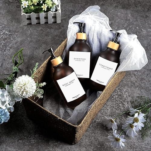 Frosted Heavy Duty Shampoo and Conditioner Bottles, Apothecary Dispenser Bamboo Pump, Refillable Shampoo Bottles for Shampoo Lotion Oil Shower Soap Hand Soap and Dish Soap (Matte Amber) thumbnail 2