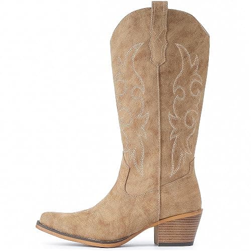 IUV Cowboy Boots For Women Western Cowgirl Boots Mid Calf Snip Toe Boot With Chunky Heel thumbnail 4