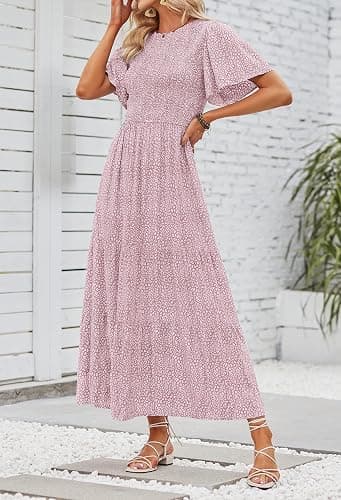 ZESICA Women's 2025 Summer Casual Floral Print Short Flutter Sleeve Crew Neck Smocked High Waist Flowy Maxi Dress - Darkpink - Small thumbnail 4
