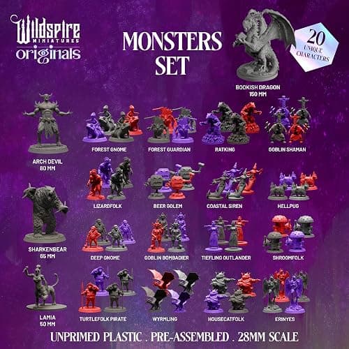 Wildspire Fantasy Monsters & Bookish Dragon for DND Miniatures Unpainted Bulk 28mm-32mm Dungeons & Dragons Minis Pathfinder Figures Fantasy Unpainted Tabletop RPG Miniature Starter Set for D&D thumbnail 2