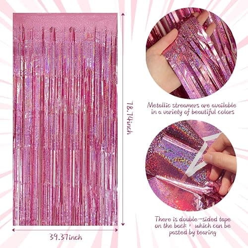Tinsel Curtain Pink Birthday Party Decorations 2 Packs Glitter Foil Fringe Curtain Decor Streamers Photo Booth for Birthday Christmas Wedding Halloween Graduation thumbnail 7