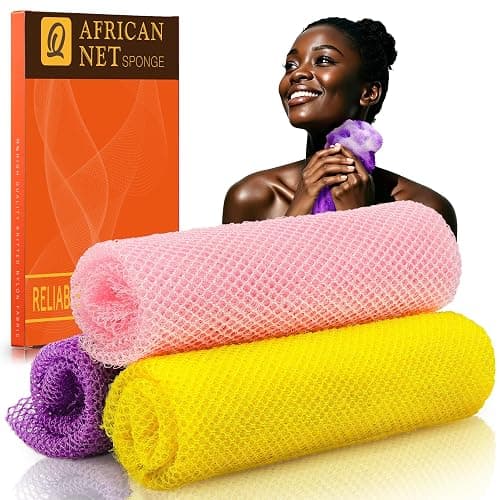 UJFQBH 3 Pieces African Bath Sponge African Net Long Net Bath Sponge Exfoliating Shower Body Scrubber Back Scrubber Skin Smoother,Great for Daily Use (Pink,Yellow,Purple) - Image 1