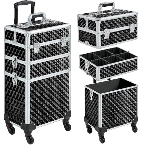 Yaheetech Rolling Makeup Train Case 3 in 1 Cosmetic Case Large Capacity Organizer with Swivel Wheels Key Cosmetic Trolley for Nail Tech Makeup - Black - Image 1